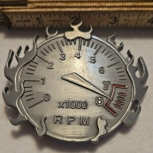 RPM Silver Flame Belt Buckle, Minor Discoloration